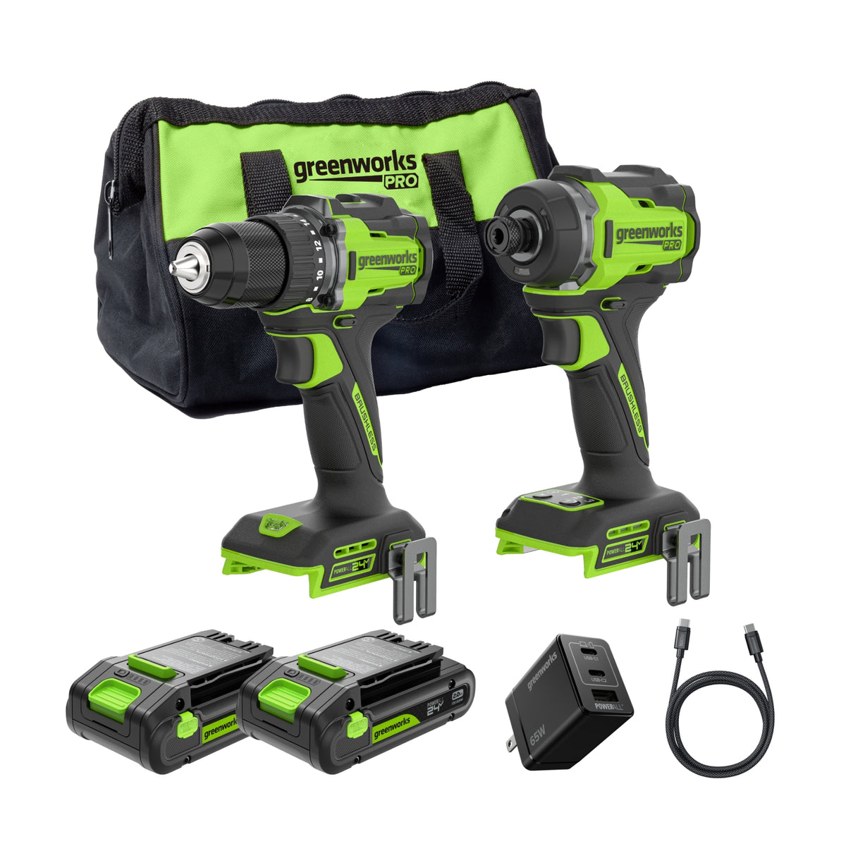 24V PowerAll Pro 530 in-lb Drill Driver and 2,200 in-lb Impact Driver Combo Kit, with (2) 2.0 Ah Batteries, 65W Charger, 3' Cable, Belt Clips, and Carrying Bag