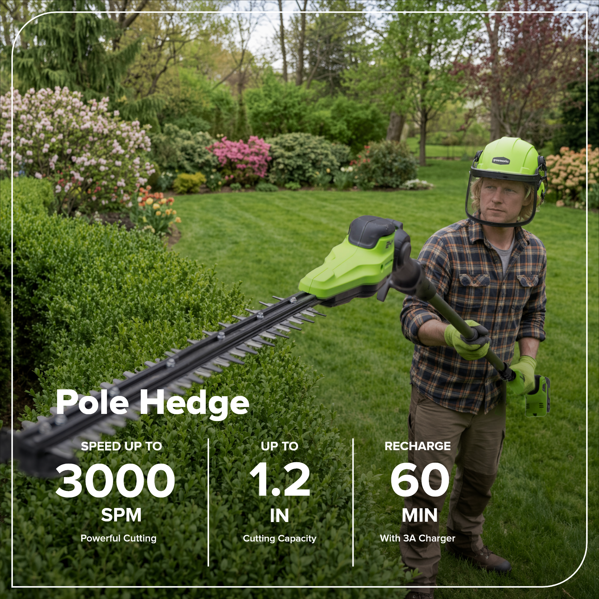 Greenworks 24V telescopic pole hedge trimmer lifestyle photo, man trimming green garden hedges outdoors, 3000 SPM cutting speed, 1.2-inch cutting capacity, 60 mins runtime with 3A charger