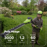 Greenworks 24V telescopic pole hedge trimmer lifestyle photo, man trimming green garden hedges outdoors, 3000 SPM cutting speed, 1.2-inch cutting capacity, 60 mins runtime with 3A charger
