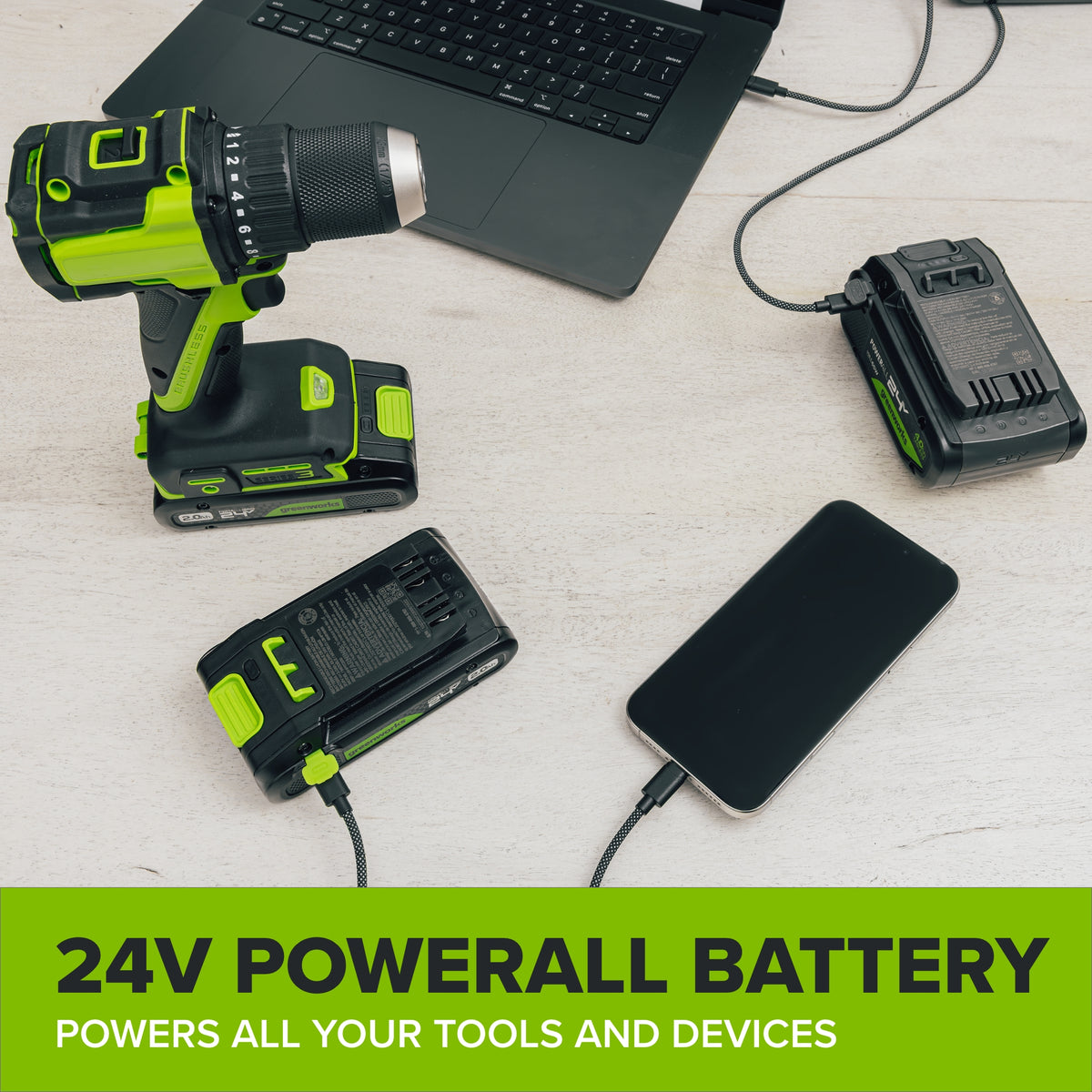 24V Cordless 280 in-lbs Drill/Driver Power Tool 3PC Combo Kit w/ 6-1/2" Circular Saw & Compact Router: (1) 2.0Ah USB-C Battery, (1) 30W USB-C Charger, (1) 3' 100W USB-C Cable