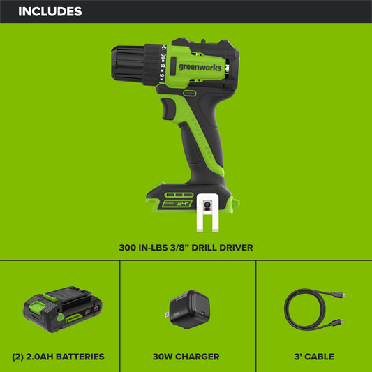 24V Cordless 280 in-lbs Drill/Driver Power Tool 3PC Combo Kit w/ 6-1/2