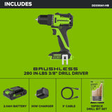 24V PowerAll 3/8" 280 in-lb Drill, with 2.0 Ah USB-C Battery, 30W USB-C Charger Block, 3' 100W USB-C Cable, 10-PC Drill Bit Set