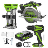 24V Cordless 280 in-lbs Drill/Driver Power Tool 3PC Combo Kit w/ 6-1/2" Circular Saw & Compact Router: (1) 2.0Ah USB-C Battery, (1) 30W USB-C Charger, (1) 3' 100W USB-C Cable