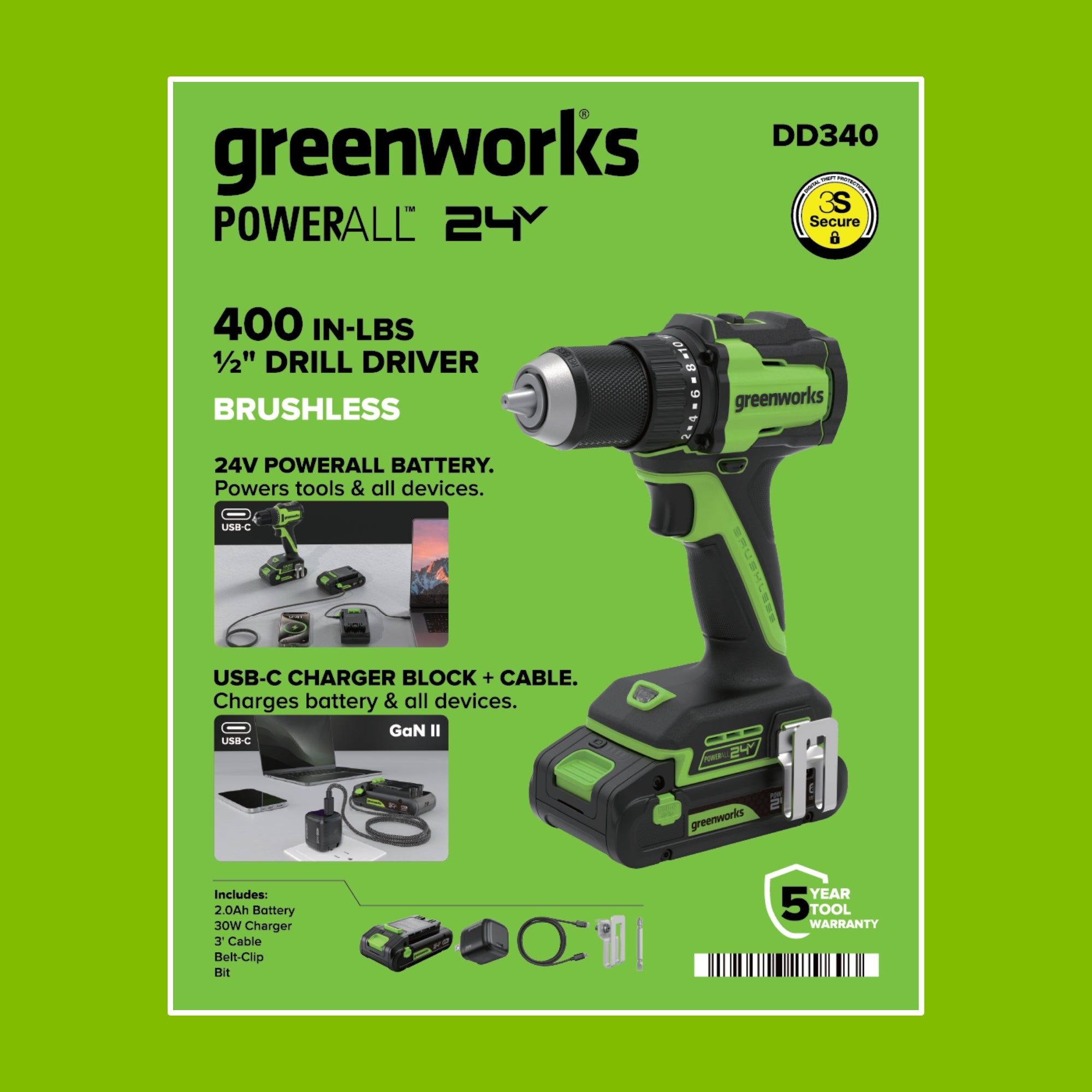 24V PowerAll 400 in-lb Drill Driver with (1) 2.0 Ah USB-C Battery, 30W USB-C Charger Block, 3' 100W USB-C Cable, Belt Clip, and Bit