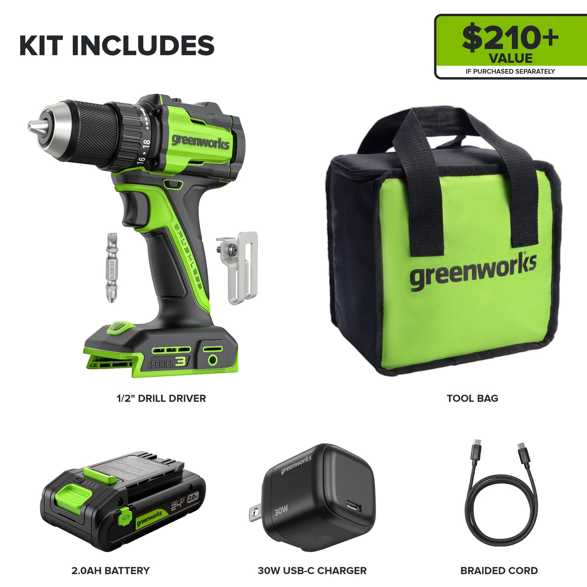 24V Cordless Battery 1/2" 400 in/lbs Drill Driver: 2.0 Ah USB-C Battery and 30W USB-C Fast Charger