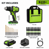 24V 1/2" 400 in/lbs Drill Driver: 2.0 Ah USB-C Battery, 30W Fast Charger and 20-PC Bit Accessory Kit