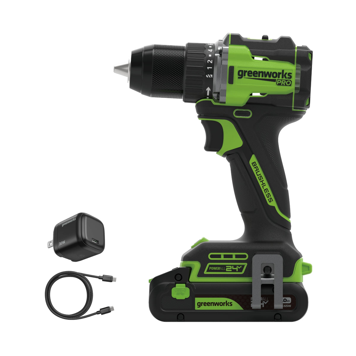 24V PowerAll Pro 1/2" 530 in-lb Drill Driver, with 2.0 Ah USB-C Battery, 30W USB-C Charger Block, 3' 100W USB-C Cable
