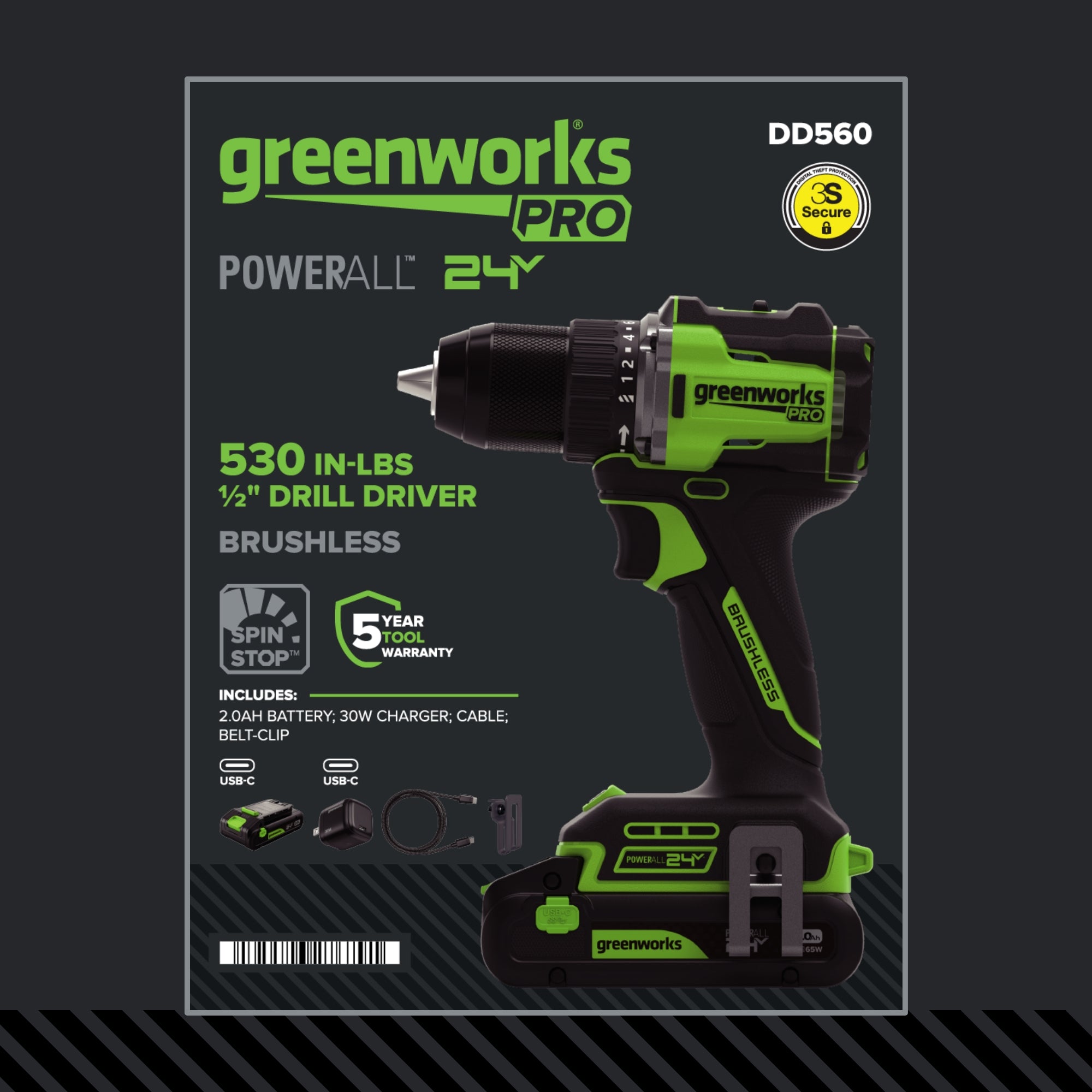 24V PowerAll Pro 1/2" 530 in-lb Drill Driver, with 2.0 Ah USB-C Battery, 30W USB-C Charger Block, 3' 100W USB-C Cable