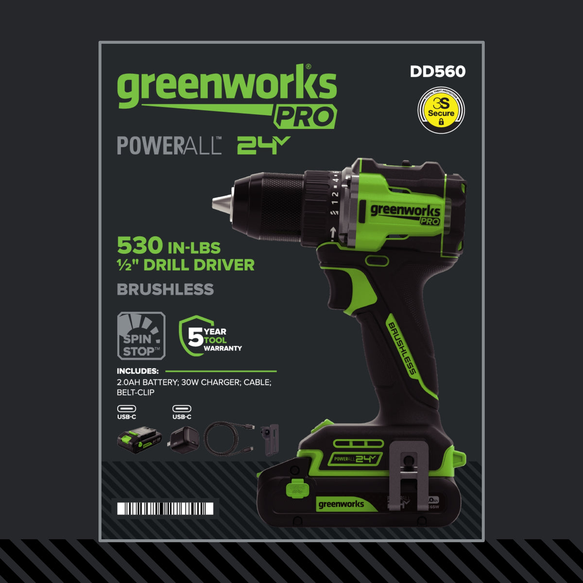 24V PowerAll Pro 1/2" 530 in-lb Drill Driver, with 2.0 Ah USB-C Battery, 30W USB-C Charger Block, 3' 100W USB-C Cable