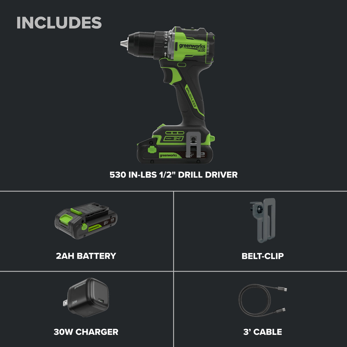 24V PowerAll Pro 1/2" 530 in-lb Drill Driver, with 2.0 Ah USB-C Battery, 30W USB-C Charger Block, 3' 100W USB-C Cable