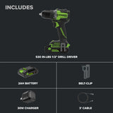24V PowerAll Pro 1/2" 530 in-lb Drill Driver, with 2.0 Ah USB-C Battery, 30W USB-C Charger Block, 3' 100W USB-C Cable