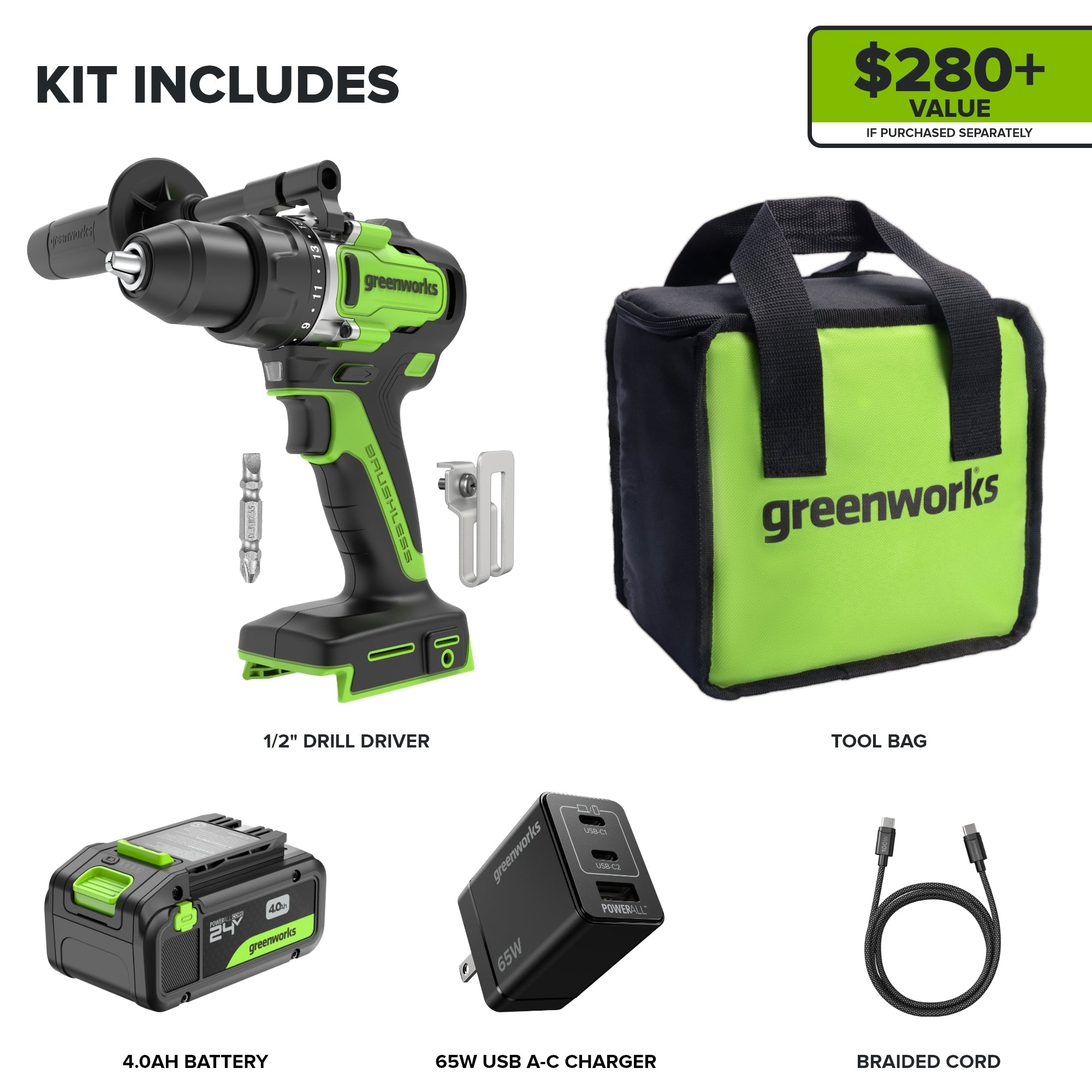 24V Cordless Battery 1/2" 800 in/lbs Drill Driver: 4.0 Ah USB-C Battery and 65W USB-C Fast Charger