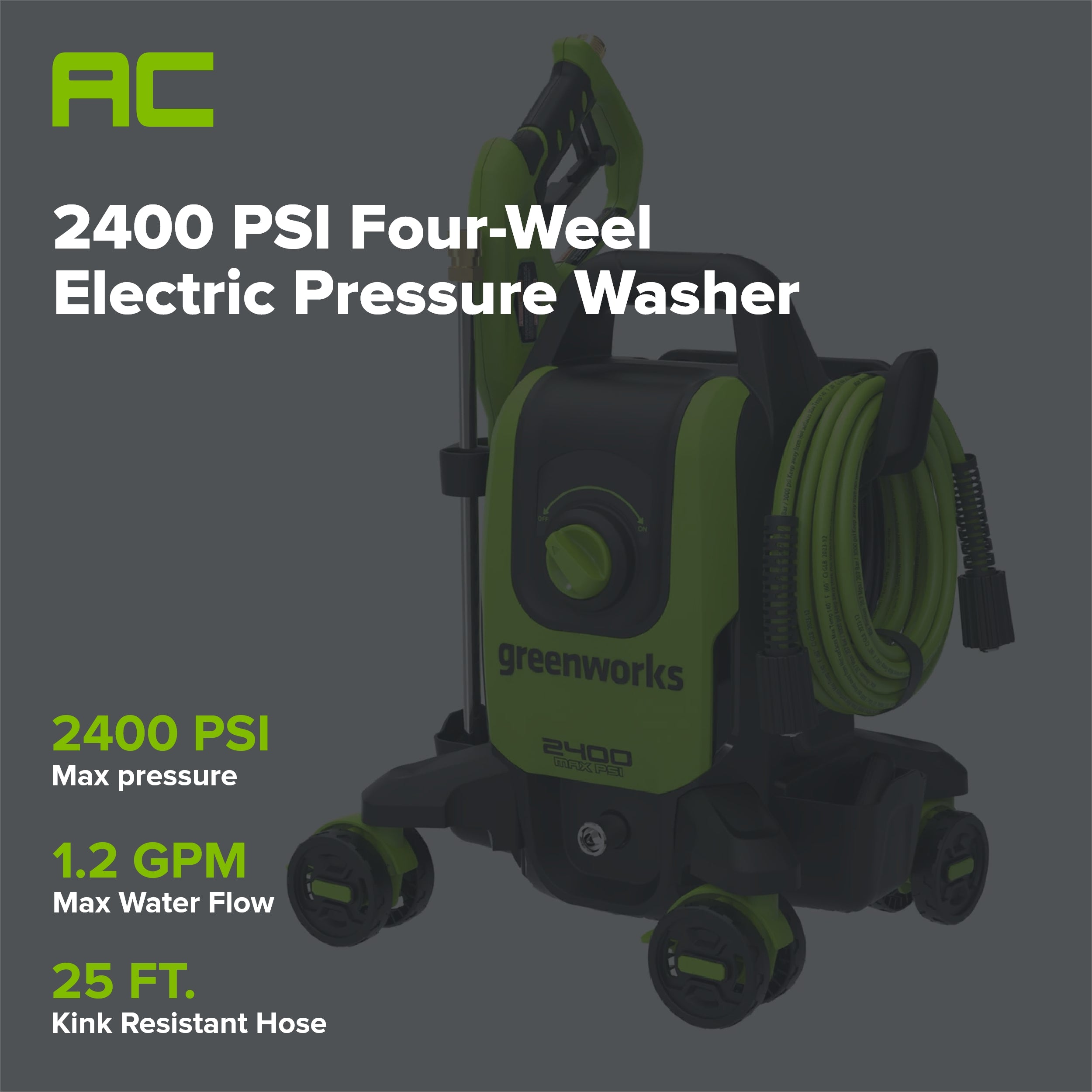 2400-PSI Brushless 1.2 GPM Four-Weel Electric Pressure Washer
