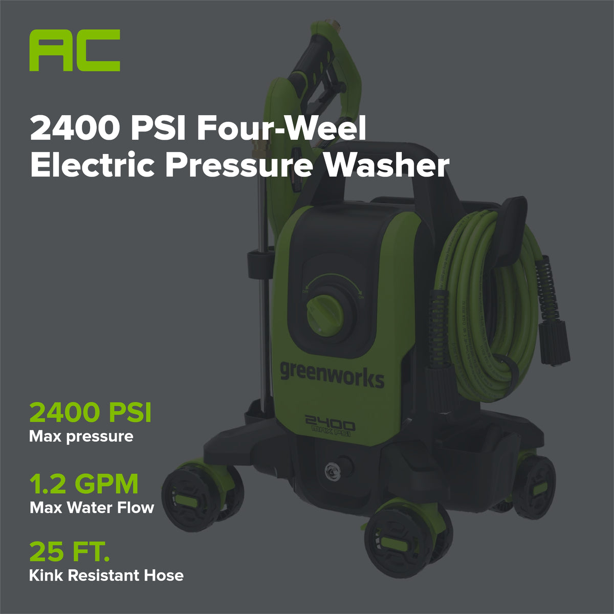 2400-PSI Brushless 1.2 GPM Four-Weel Electric Pressure Washer