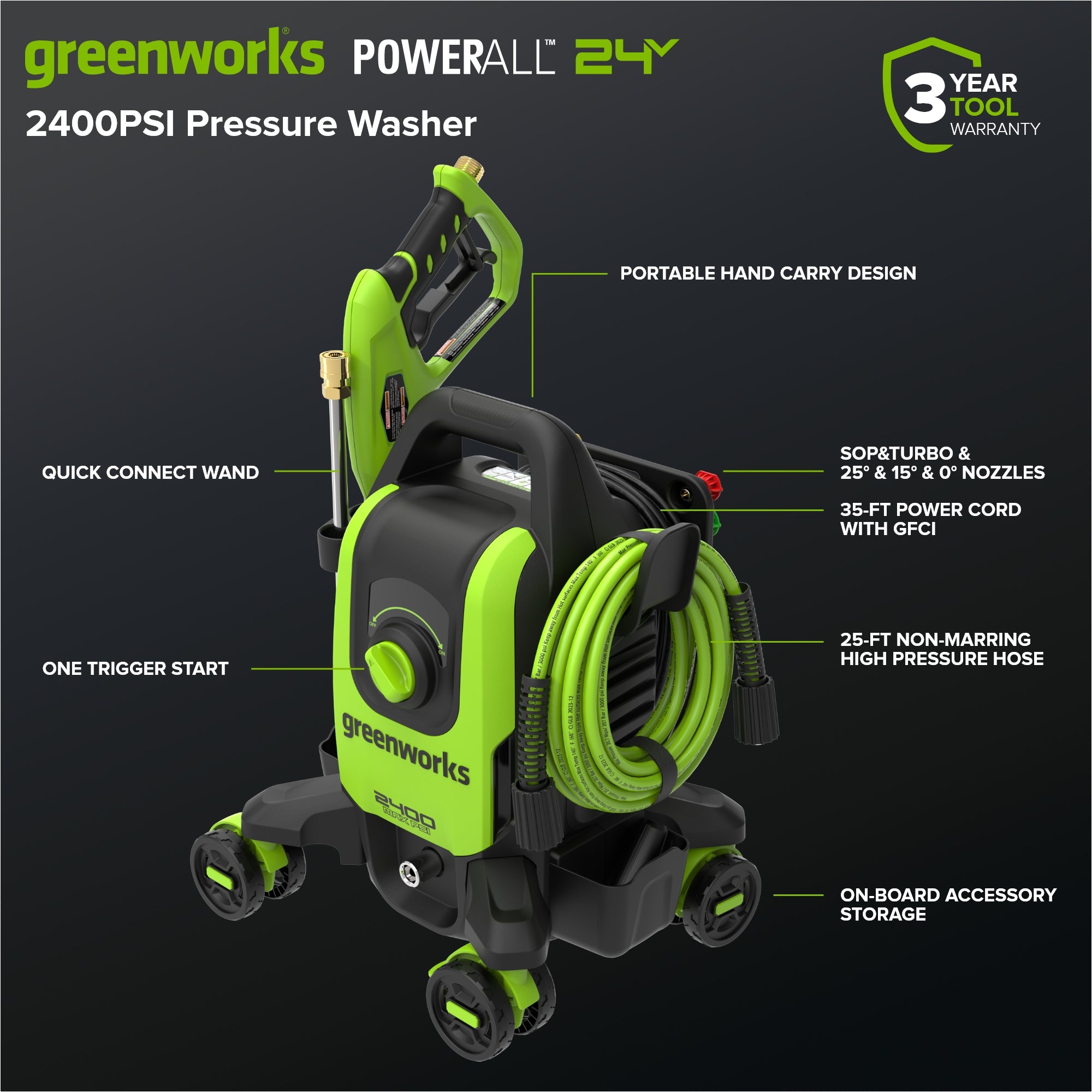 2400-PSI Brushless 1.2 GPM Four-Weel Electric Pressure Washer