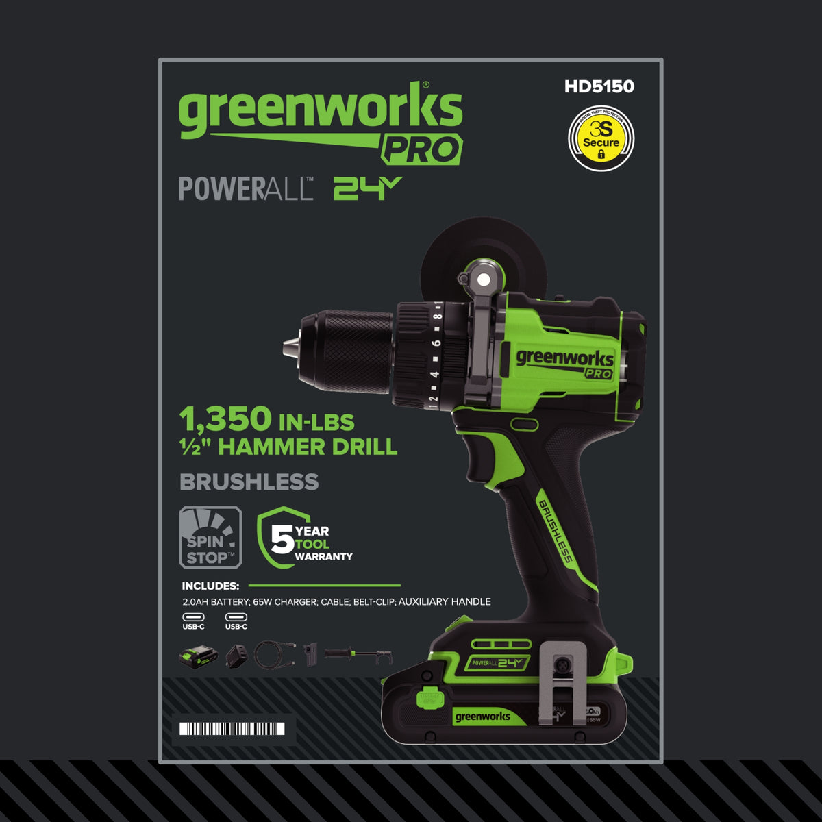 24V PowerAll Pro 1,350 in-lb 1/2" Hammer Drill, with 2.0 Ah USB-C Battery, 65W Charger, Belt Clip, and Auxiliary Handle