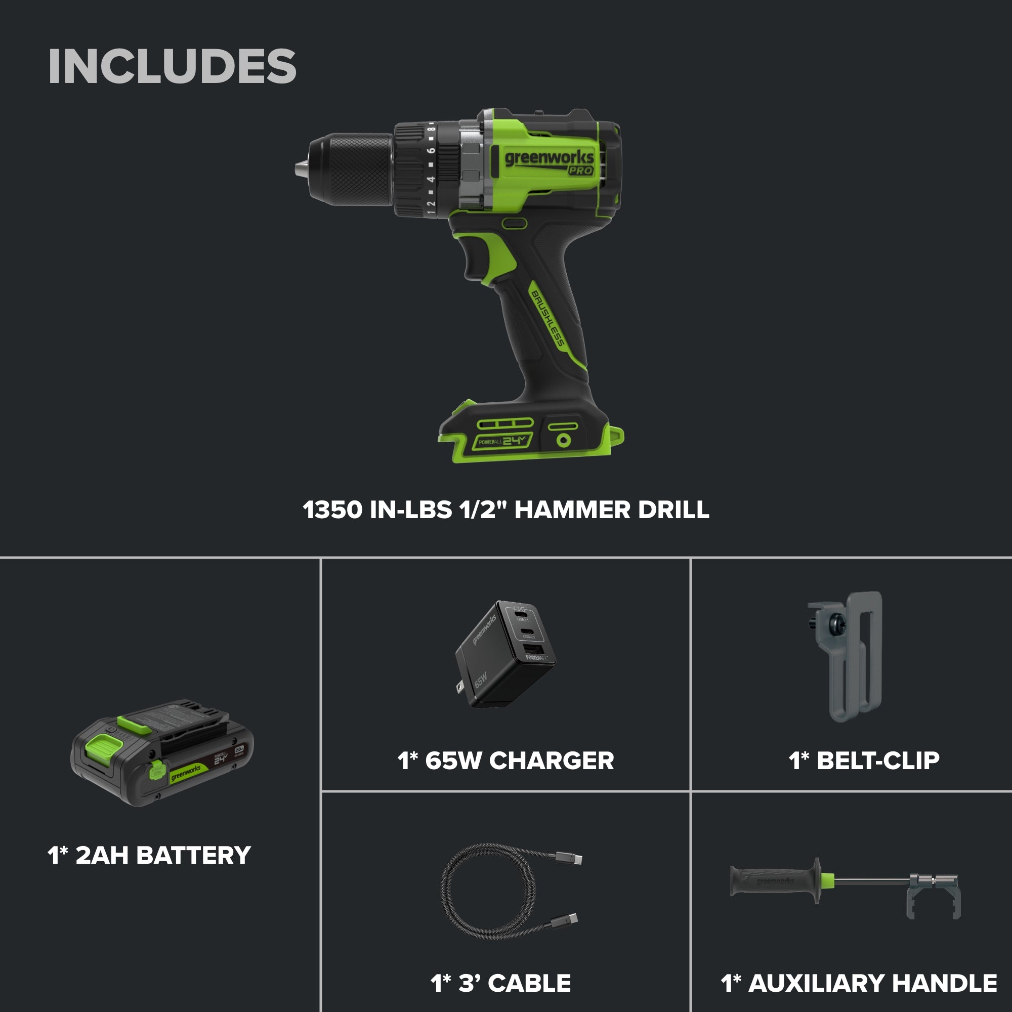 24V PowerAll Pro 1,350 in-lb 1/2" Hammer Drill, with 2.0 Ah USB-C Battery, 65W Charger, Belt Clip, and Auxiliary Handle