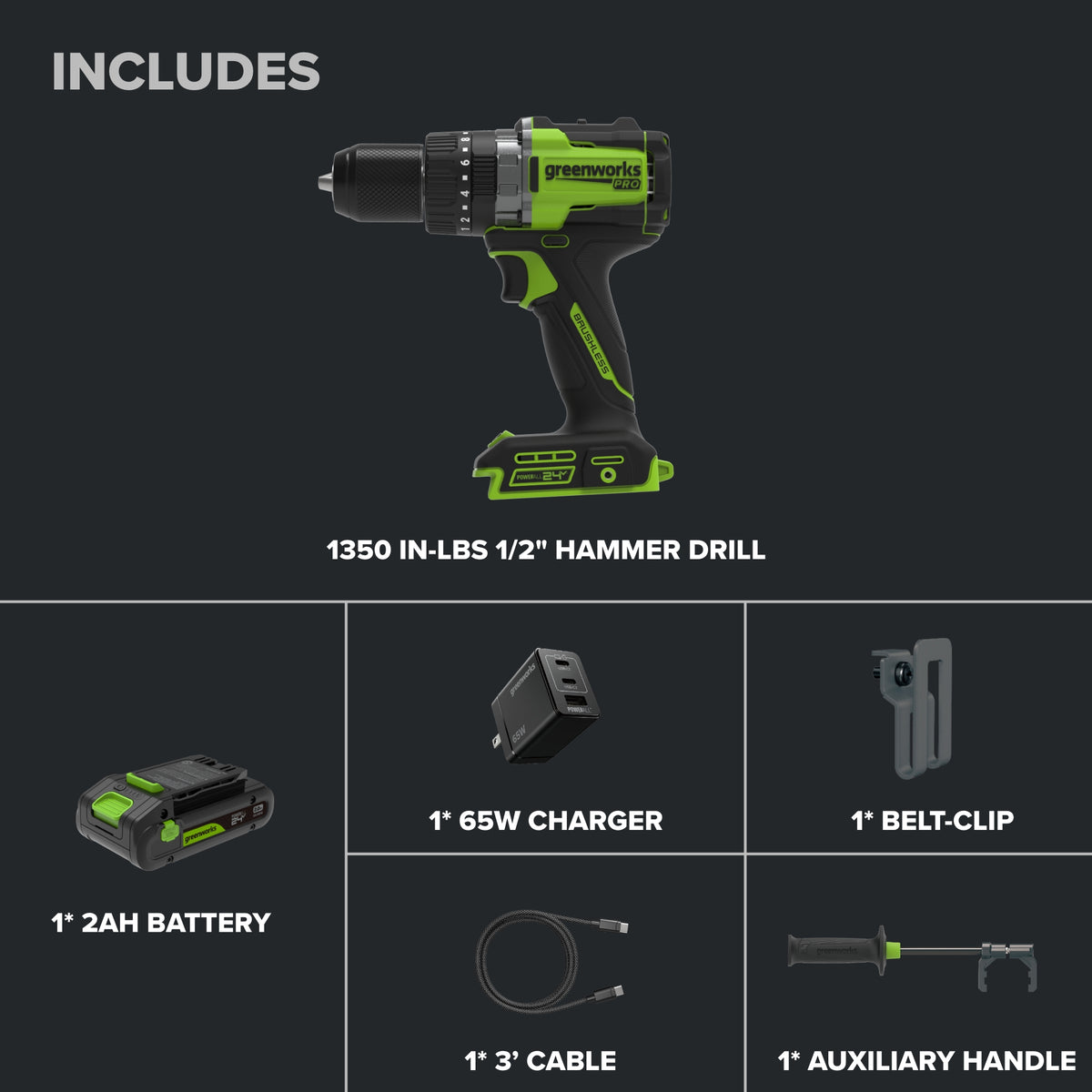 24V PowerAll Pro 1,350 in-lb 1/2" Hammer Drill, with 2.0 Ah USB-C Battery, 65W Charger, Belt Clip, and Auxiliary Handle