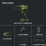 24V PowerAll Pro 1,350 in-lb 1/2" Hammer Drill, with 2.0 Ah USB-C Battery, 65W Charger, Belt Clip, and Auxiliary Handle