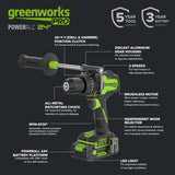 24V PowerAll Pro 1,350 in-lb 1/2" Hammer Drill, with 2.0 Ah USB-C Battery, 65W Charger, Belt Clip, and Auxiliary Handle