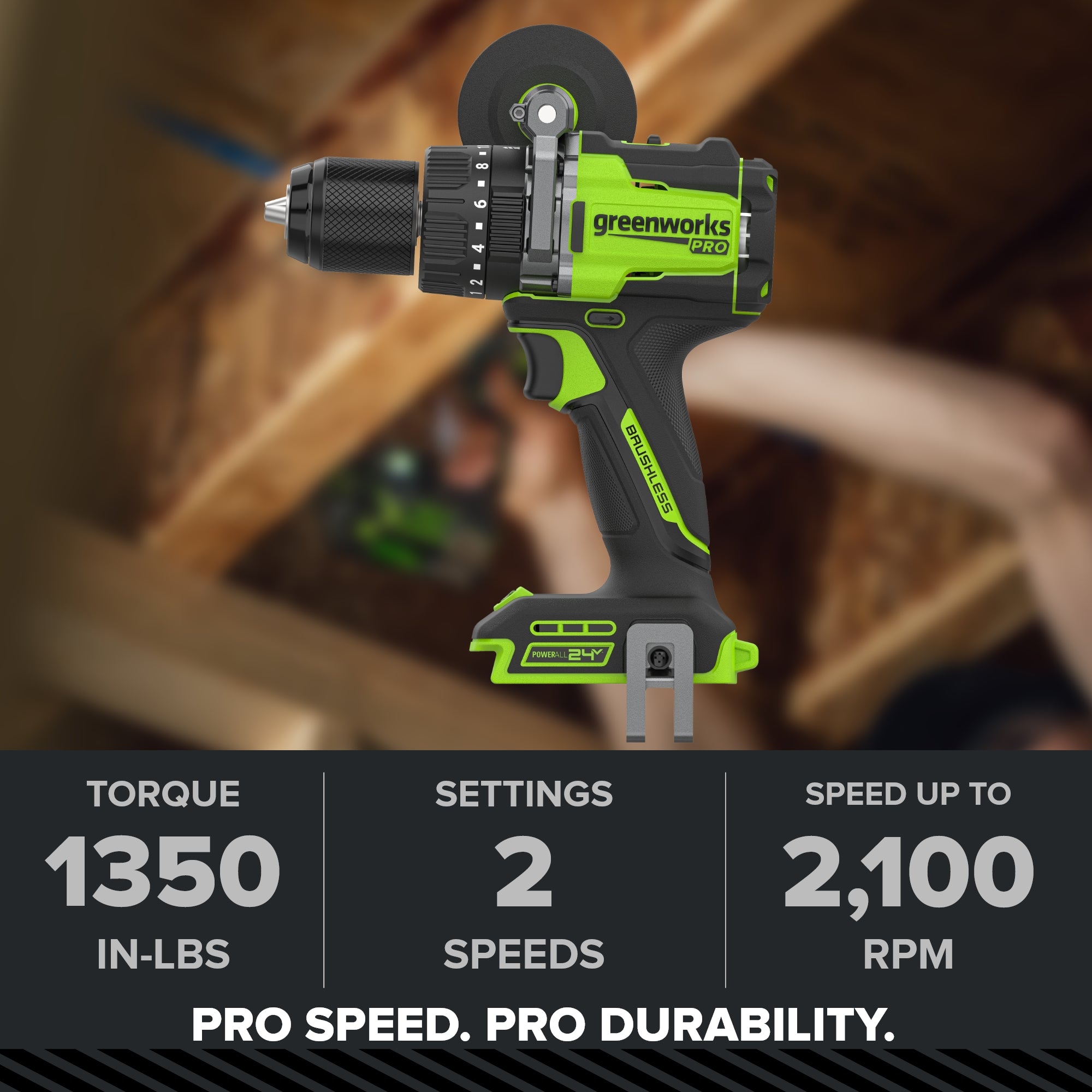 24V PowerAll Pro 1,350 in-lb 1/2" Hammer Drill, with 2.0 Ah USB-C Battery, 65W Charger, Belt Clip, and Auxiliary Handle