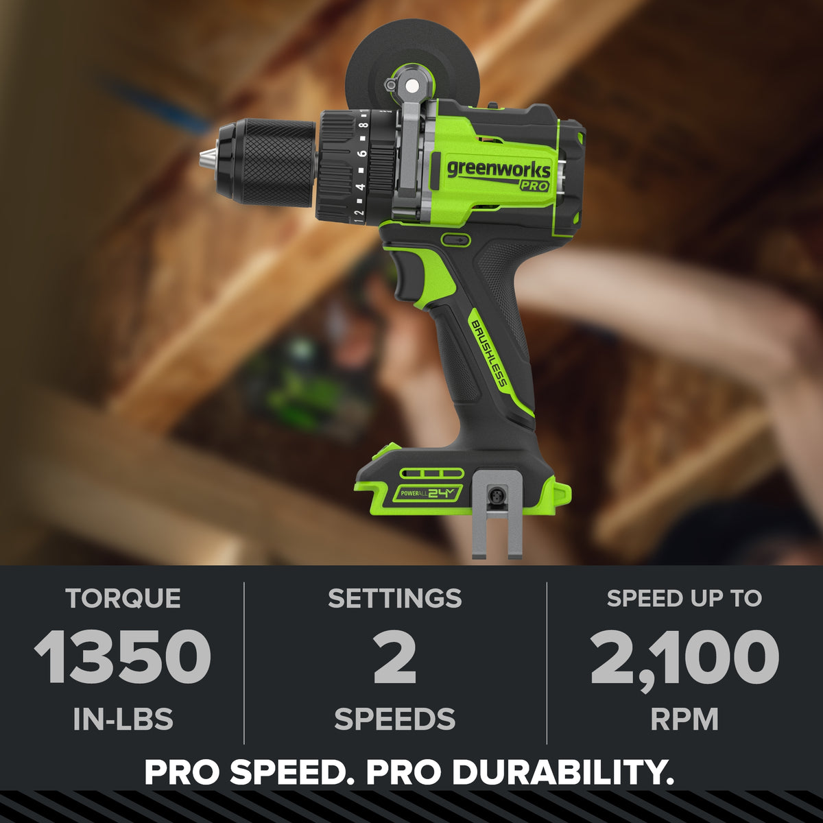 24V PowerAll Pro 1,350 in-lb 1/2" Hammer Drill, with 2.0 Ah USB-C Battery, 65W Charger, Belt Clip, and Auxiliary Handle
