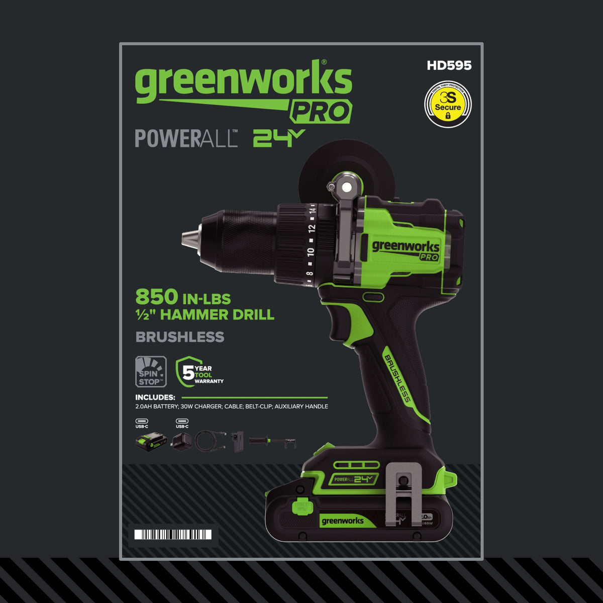 24V PowerAll Pro 850 in-lb 1/2" Hammer Drill, with 2.0 Ah USB-C Battery, 30W Charger, Belt Clip, and Auxiliary Handle