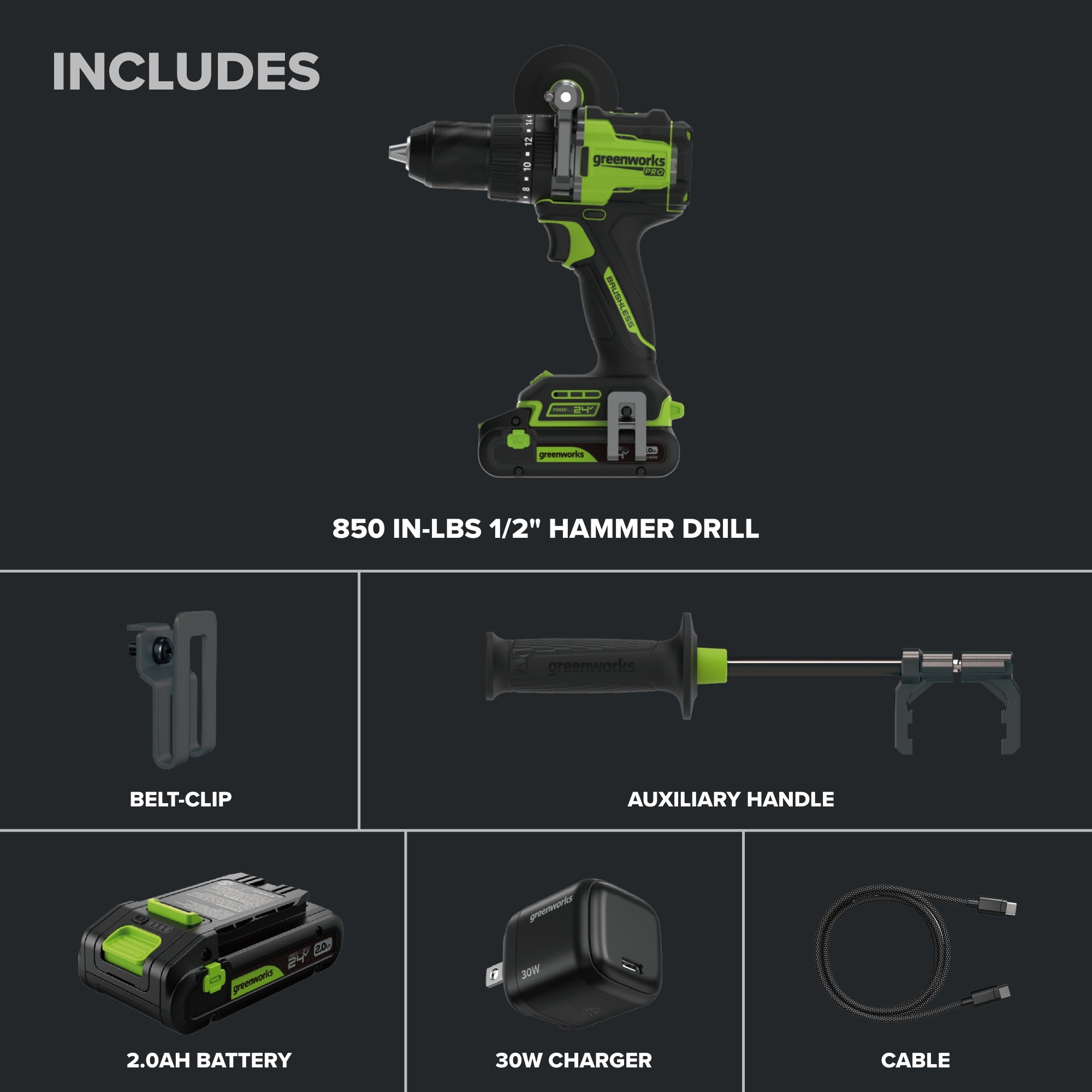 24V PowerAll Pro 850 in-lb 1/2" Hammer Drill, with 2.0 Ah USB-C Battery, 30W Charger, Belt Clip, and Auxiliary Handle