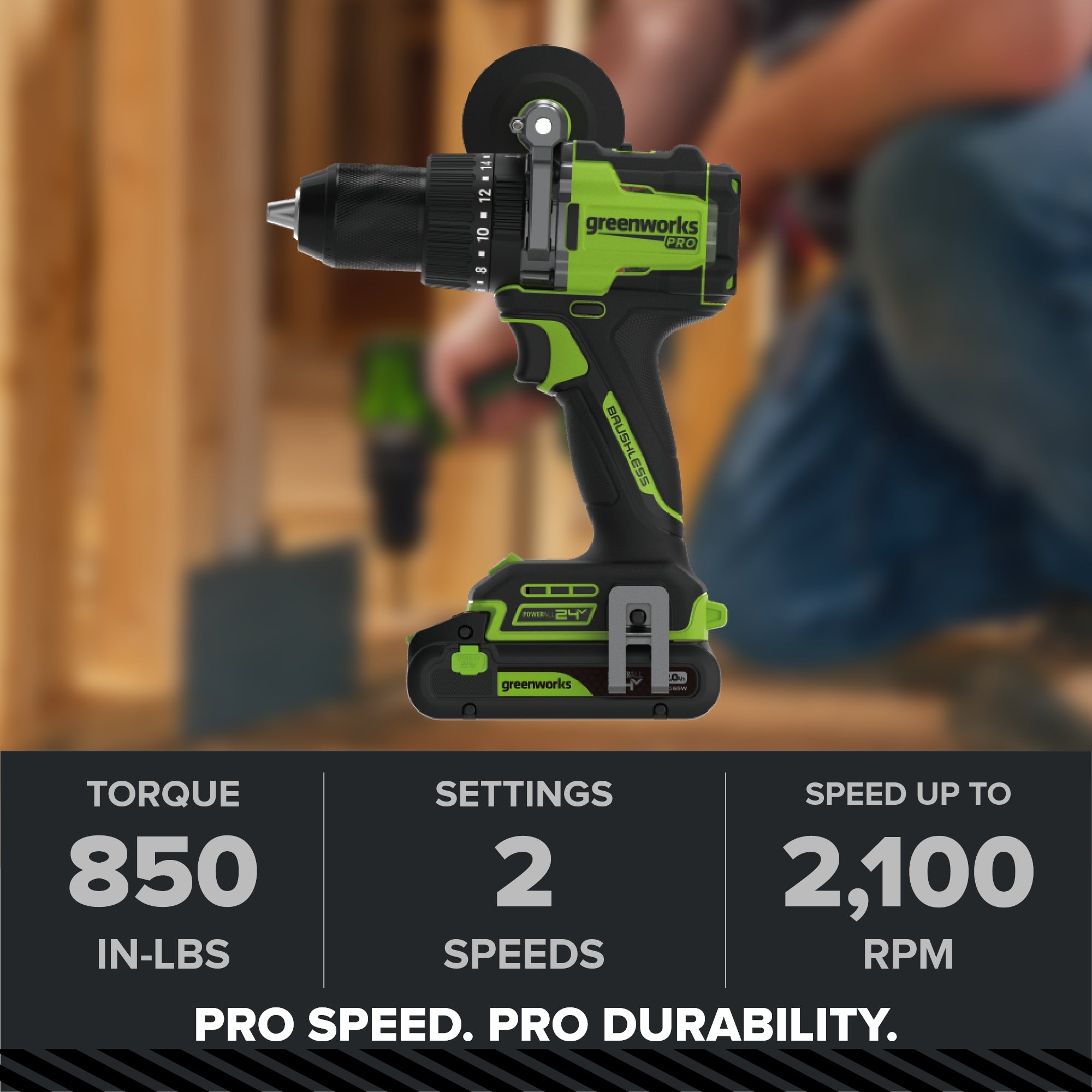 24V PowerAll Pro 850 in-lb 1/2" Hammer Drill, with 2.0 Ah USB-C Battery, 30W Charger, Belt Clip, and Auxiliary Handle