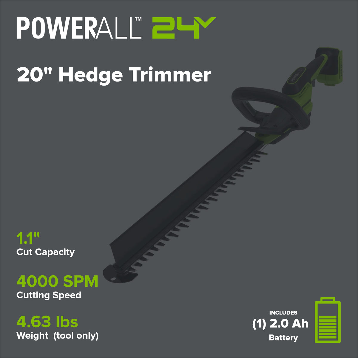 24V 20" Brushless (1.1" Cutting Capacity) Hedge Trimmer: 2.0Ah Battery and 30W Charger