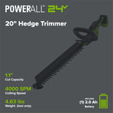 24V 20" Brushless (1.1" Cutting Capacity) Hedge Trimmer: 2.0Ah Battery and 30W Charger