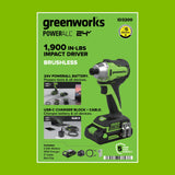 24V PowerAll 1,900 In-Lb Impact Driver, with 2.0 Ah USB-C Battery, 30W USB-C Charger Block, 3' 100W USB-C Cable, Belt Clip