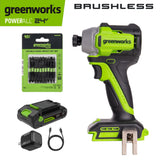 24V PowerAll 1/4" 1900 in-lbs Brushless Impact Driver Kit: (1) 2.0 Ah USB-C Battery, (1) 30W USB-C Charger Block, (1) 3' 100W USB-C Cable, (1) Belt Clip, (1) Pro 10PC Dual Sided Impact Bit Sets