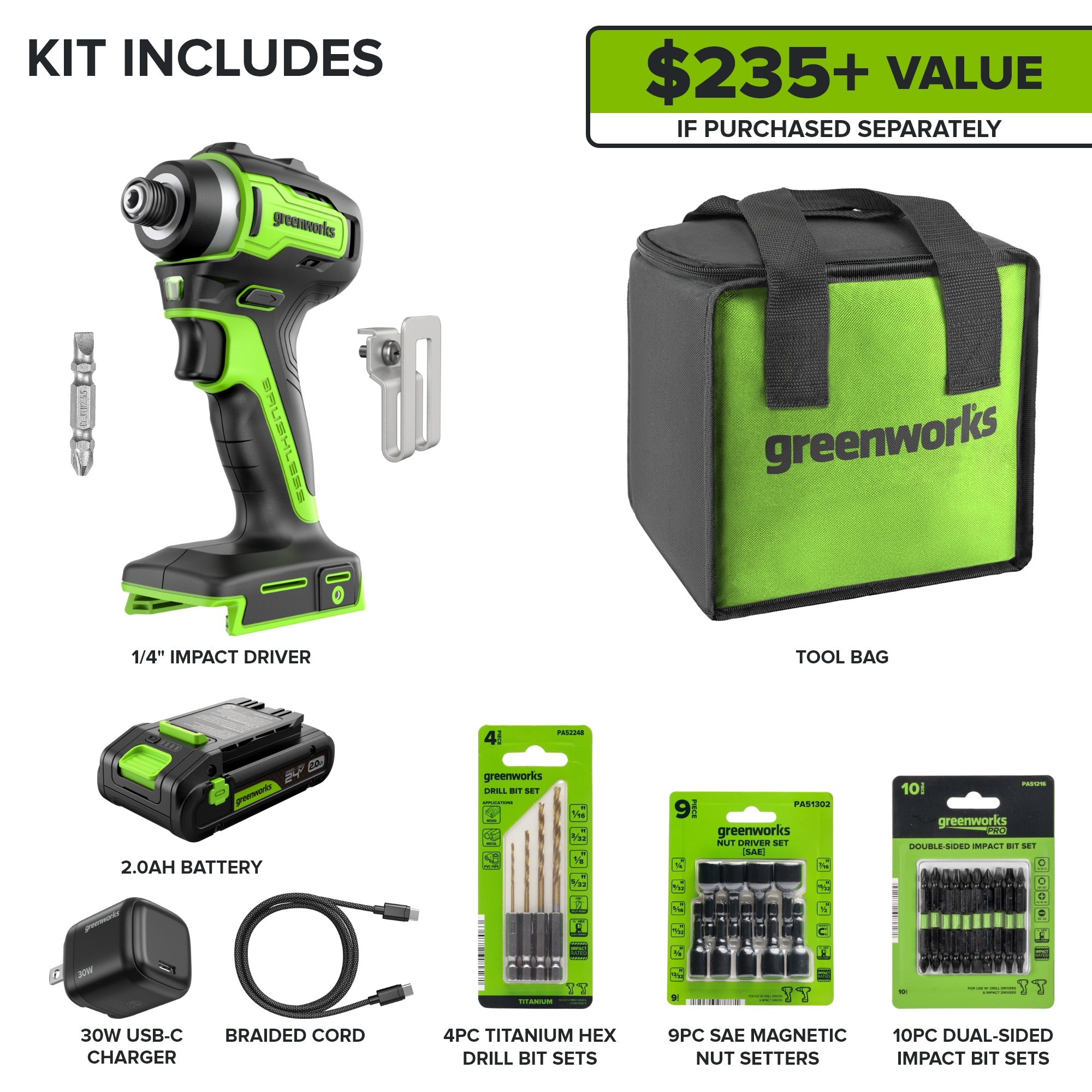 24V 1/4" 1950 in/lbs Brushless Impact Driver Premium Kit: (1) 2.0 Ah Battery, (1) 30W Charger & Cable and 23-piece Accessory Sets