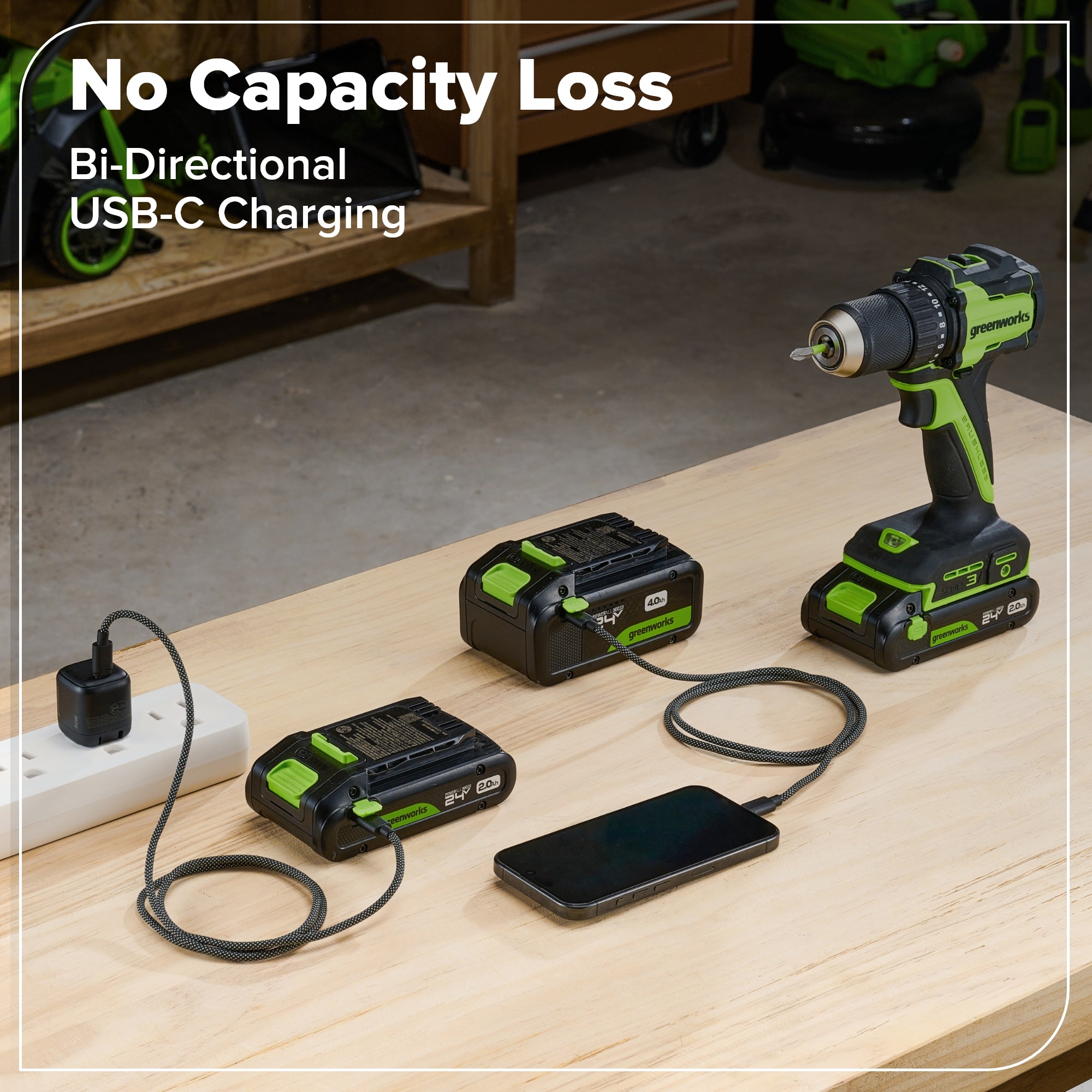 24V Cordless Battery 1/2" 400 in/lbs Drill Driver: 2.0 Ah USB-C Battery and 30W USB-C Fast Charger