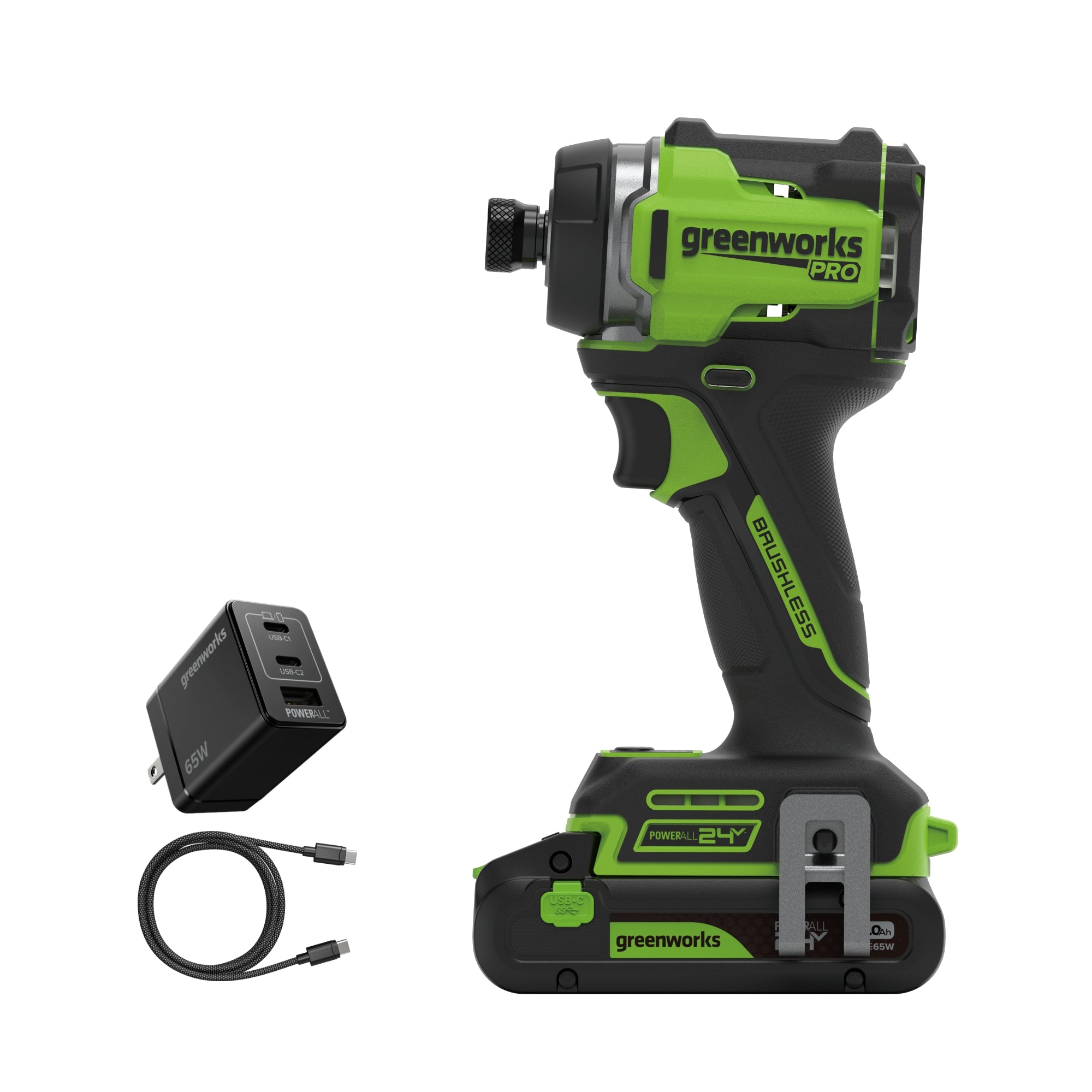 24V PowerAll Pro 2,200 In-Lb Impact Driver, with 2.0 Ah USB-C Battery, 65W USB-C Charger Block, 3' 100W USB-C Cable, Belt Clip
