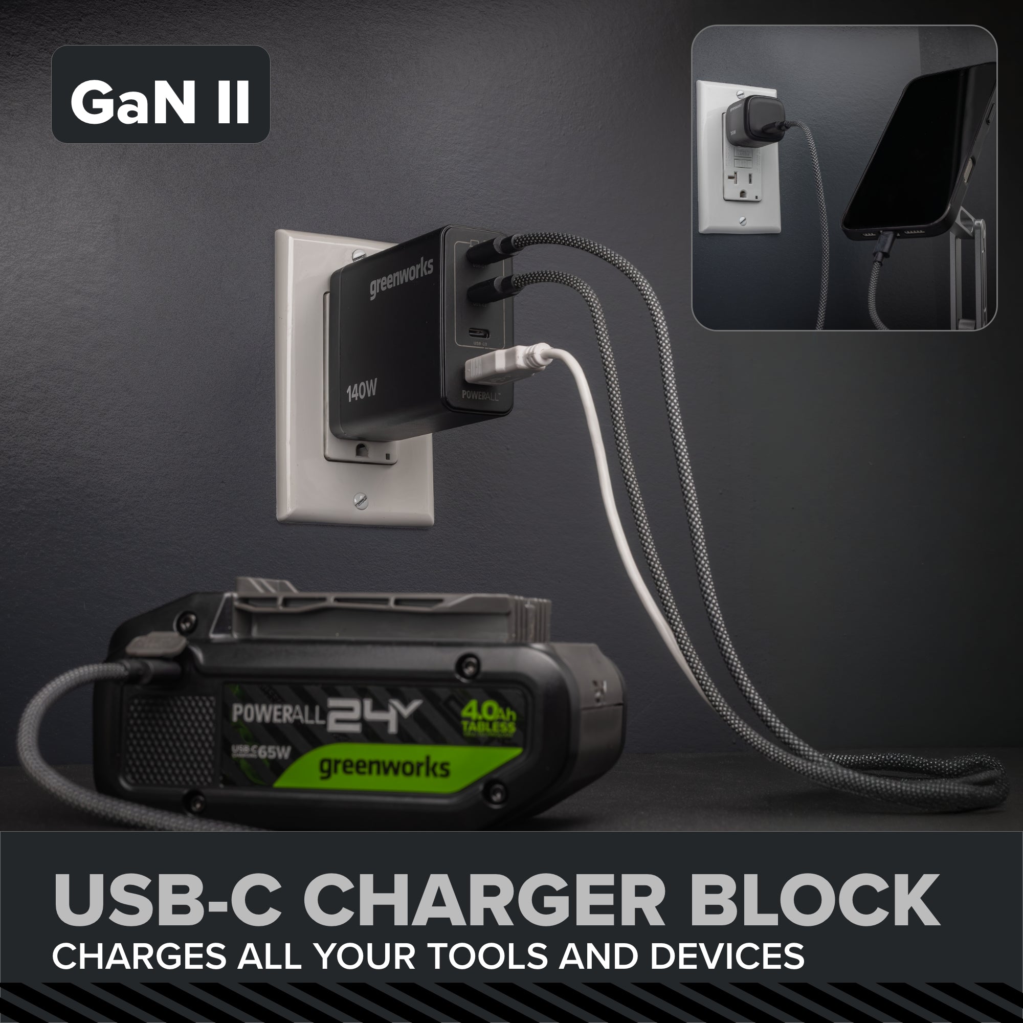 24V PowerAll Pro 2,200 In-Lb Impact Driver, with 2.0 Ah USB-C Battery, 65W USB-C Charger Block, 3' 100W USB-C Cable, Belt Clip