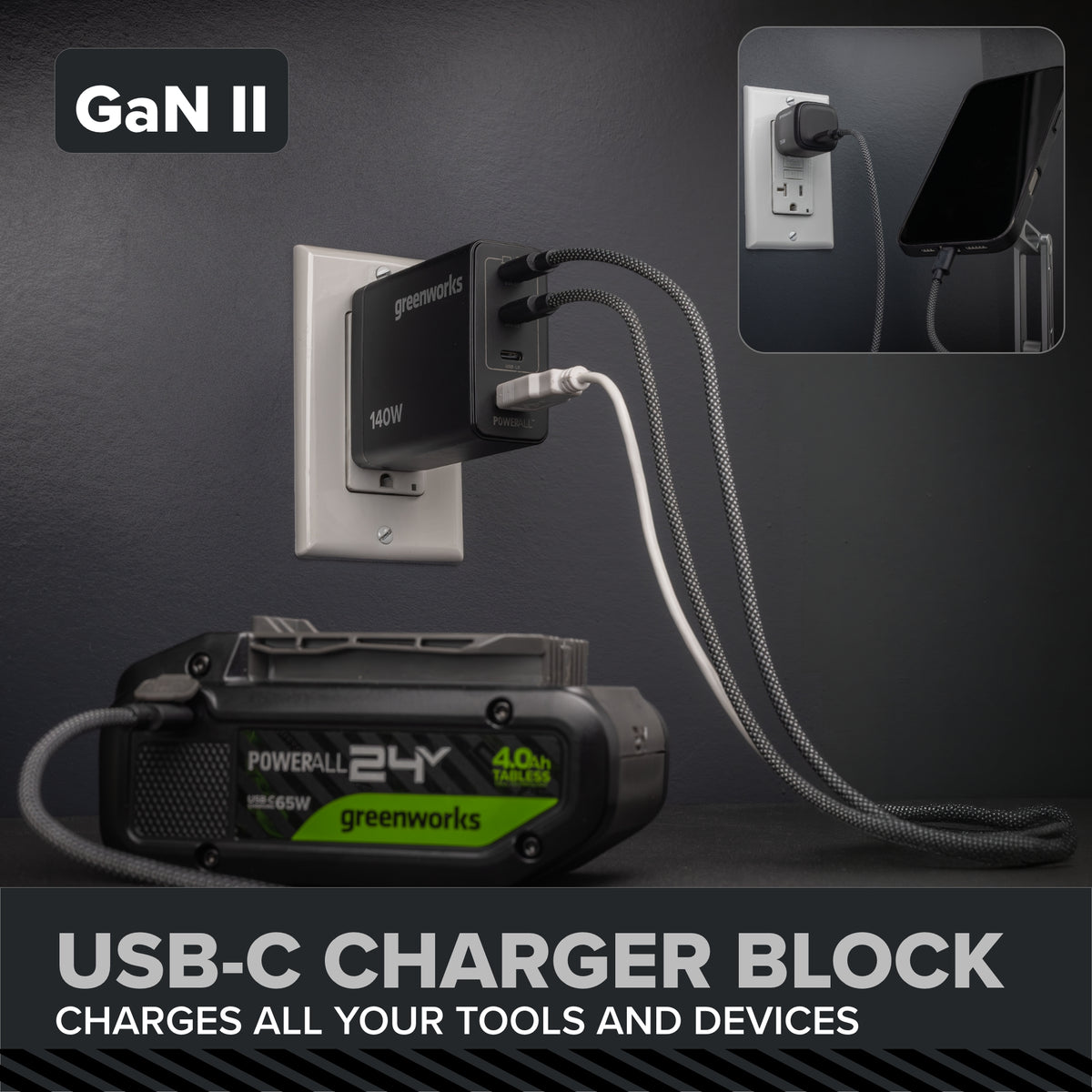 24V PowerAll Pro 2,200 In-Lb Impact Driver, with 2.0 Ah USB-C Battery, 65W USB-C Charger Block, 3' 100W USB-C Cable, Belt Clip