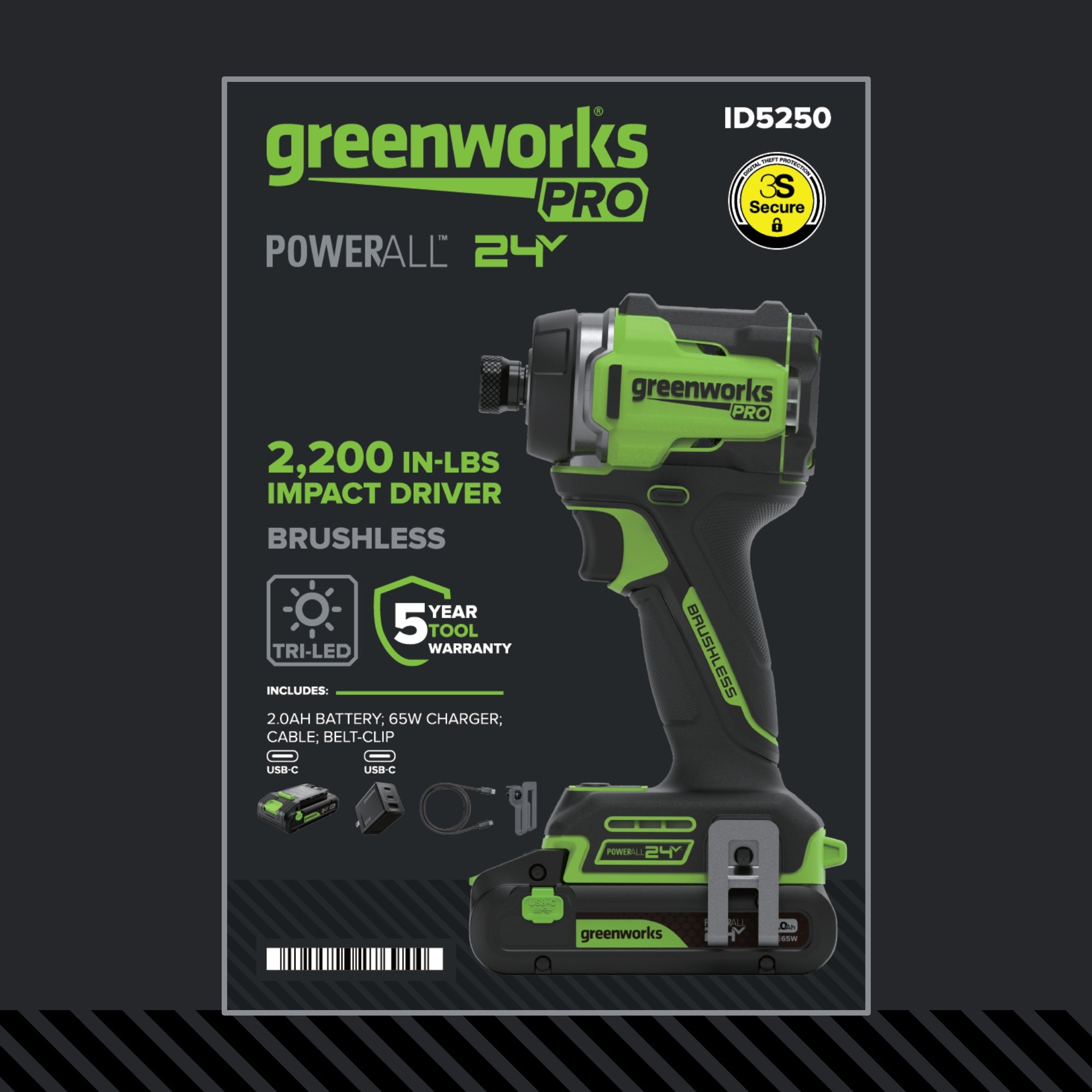 24V PowerAll Pro 2,200 In-Lb Impact Driver, with 2.0 Ah USB-C Battery, 65W USB-C Charger Block, 3' 100W USB-C Cable, Belt Clip