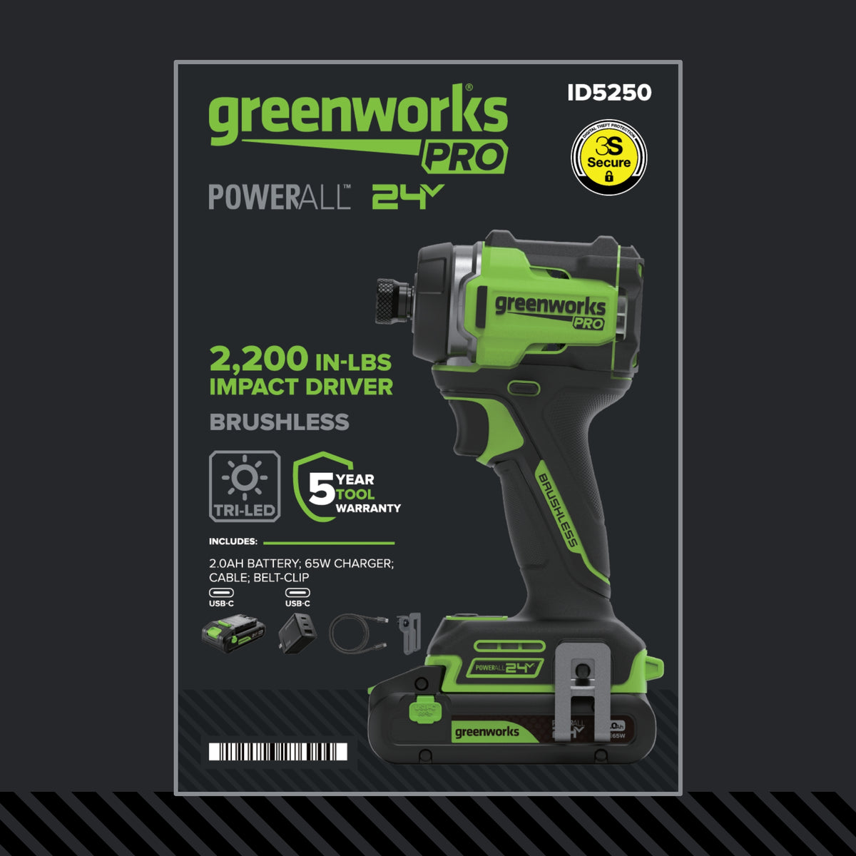24V PowerAll Pro 2,200 In-Lb Impact Driver, with 2.0 Ah USB-C Battery, 65W USB-C Charger Block, 3' 100W USB-C Cable, Belt Clip