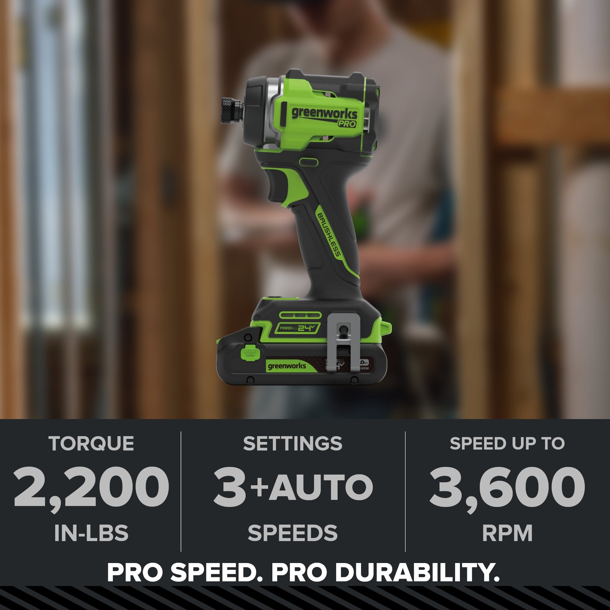 24V PowerAll Pro 2,200 In-Lb Impact Driver, with 2.0 Ah USB-C Battery, 65W USB-C Charger Block, 3' 100W USB-C Cable, Belt Clip