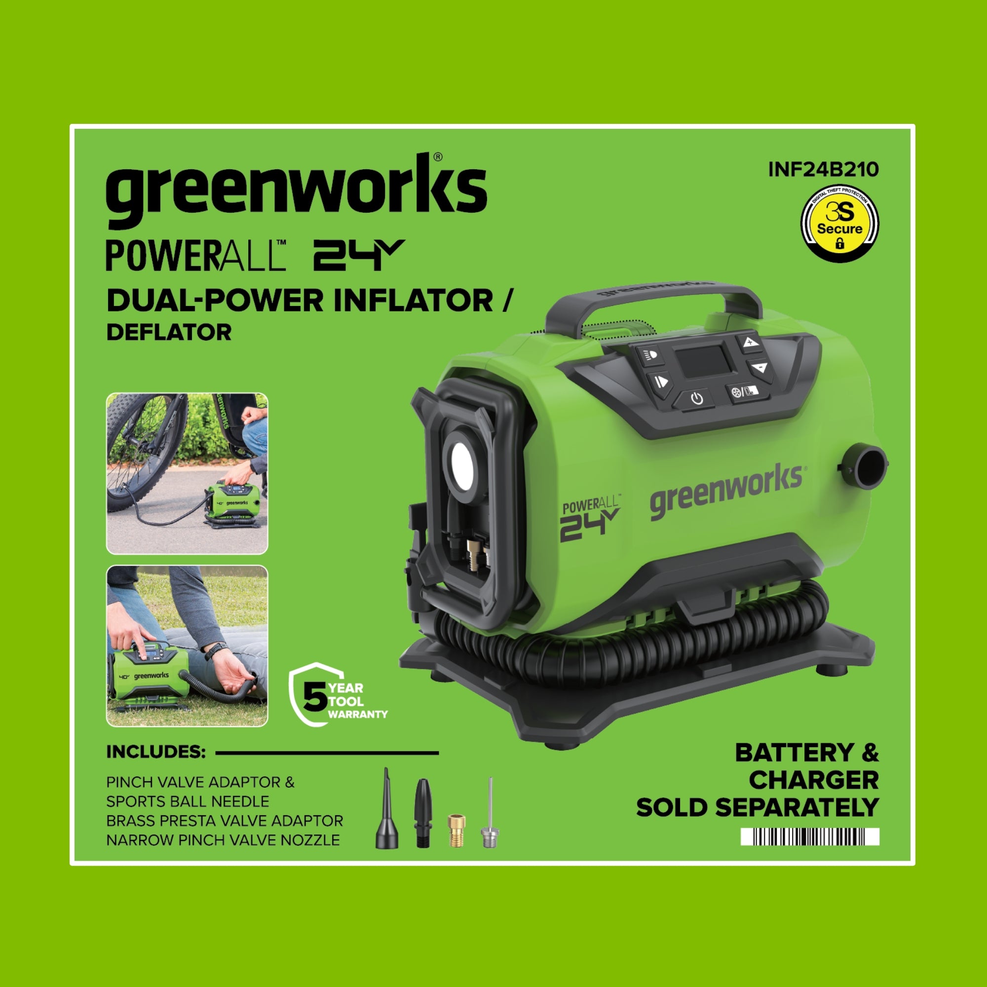 24V PowerAll Dual-Power Inflator/Deflator, with Pinch Valve Adaptor, Sports Ball Needle, Brass Presta Valve Adaptor, and Narrow Pinch Valve Nozzle