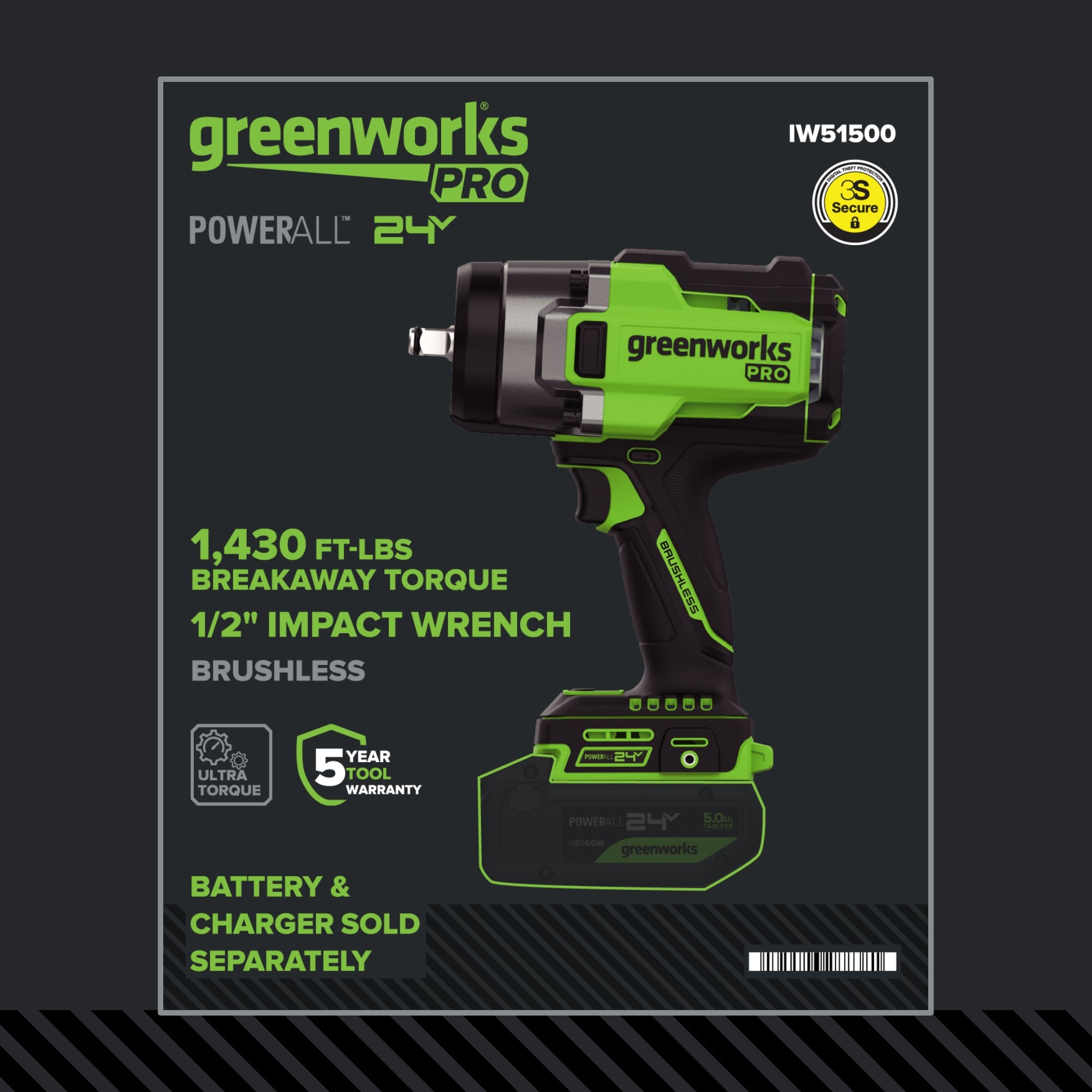 24V PowerAll Pro 1,430 ft-lb Breakaway Torque 1/2" Impact Wrench, Tool Only