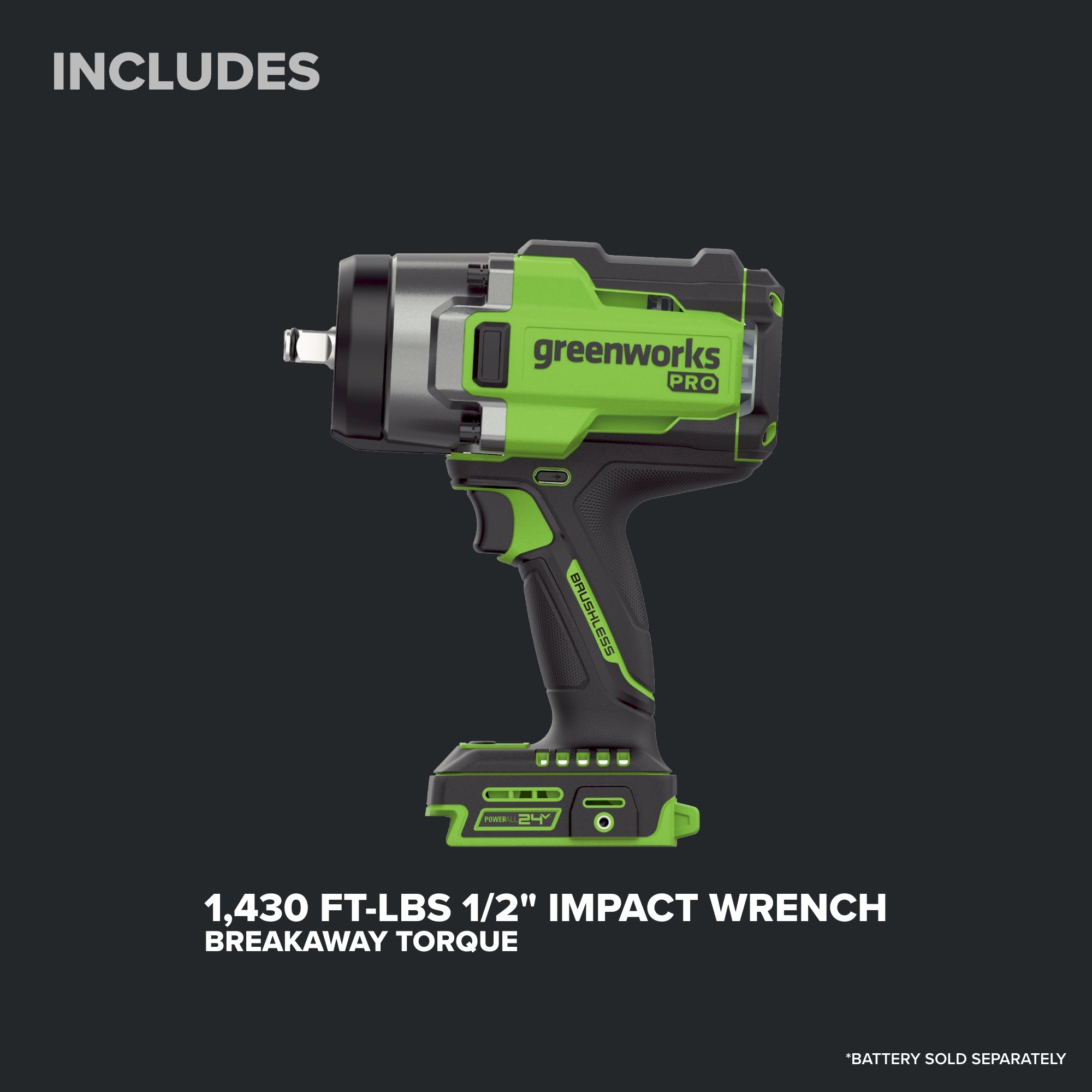 24V PowerAll Pro 1,430 ft-lb Breakaway Torque 1/2" Impact Wrench, Tool Only