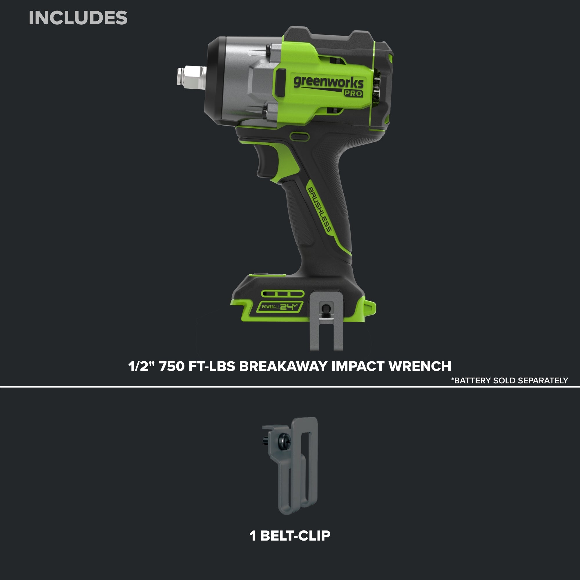 24V PowerAll Pro 750 ft-lb Breakaway Torque 1/2" Impact Wrench, Tool Only