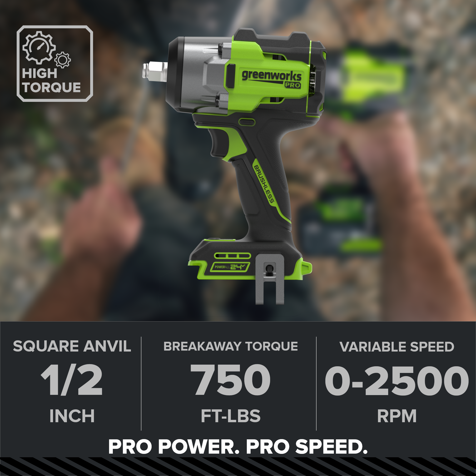 24V PowerAll Pro 750 ft-lb Breakaway Torque 1/2" Impact Wrench, Tool Only