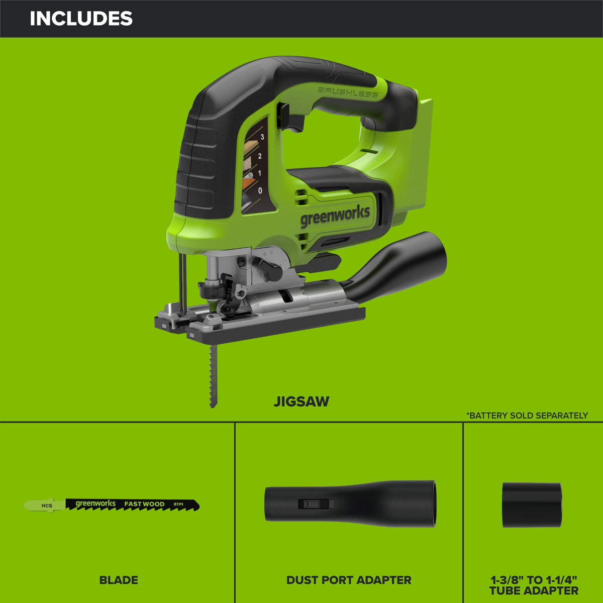 24V PowerAll Jigsaw with Blade, Dust Port Adapter, and Tube Adapter