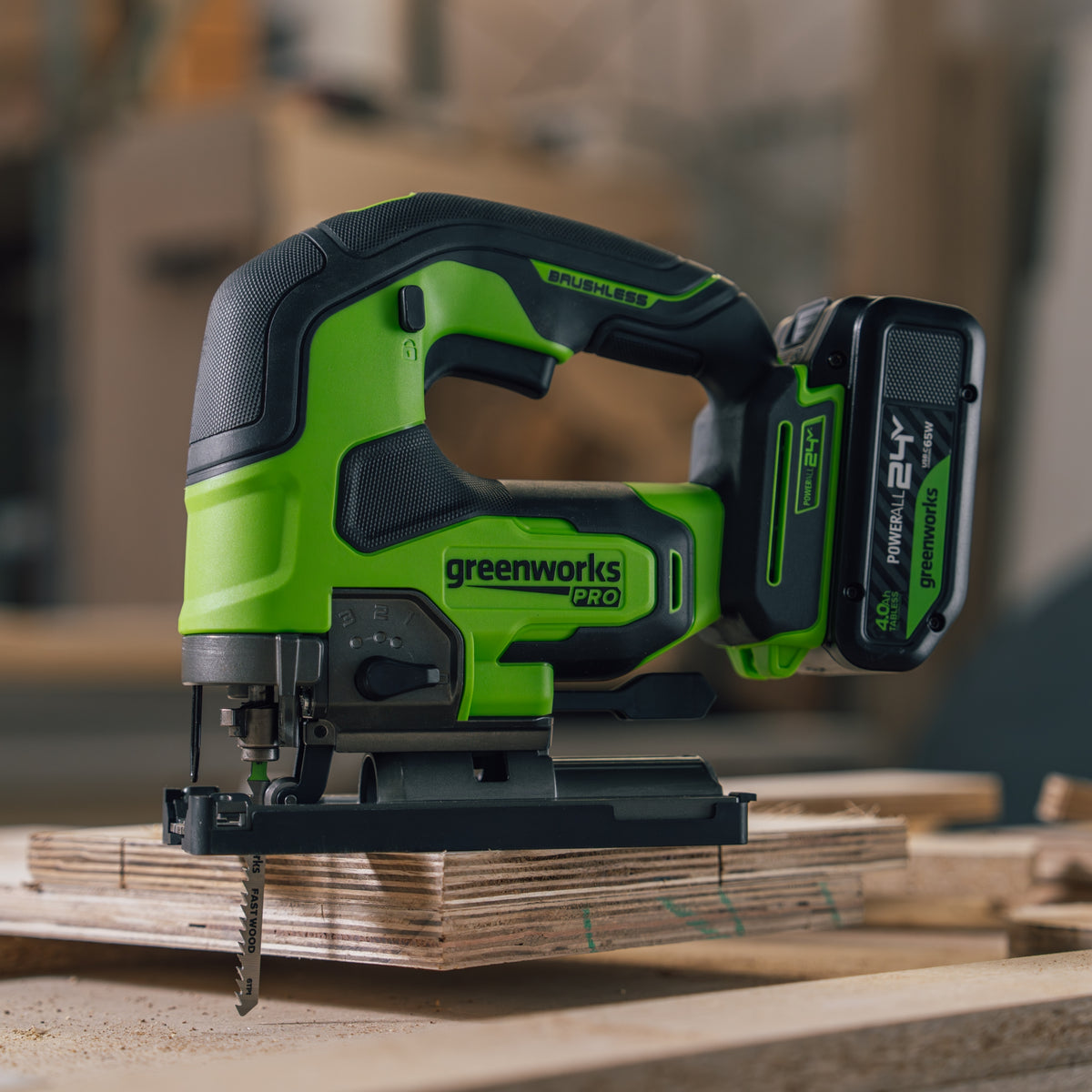 24V PowerAll Pro Jigsaw with Dust Port Adapter, Blade, and VAC Shroud