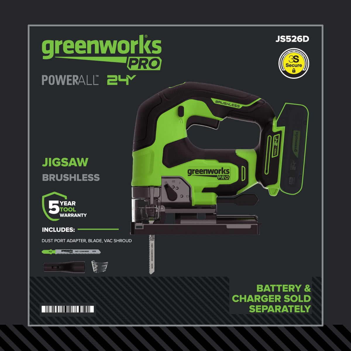 24V PowerAll Pro Jigsaw with Dust Port Adapter, Blade, and VAC Shroud