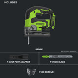 24V PowerAll Pro Jigsaw with Dust Port Adapter, Blade, and VAC Shroud